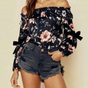 MISA Los Angeles Belva Blouse Off the Shoulder Black Velvet Bow Floral Satin